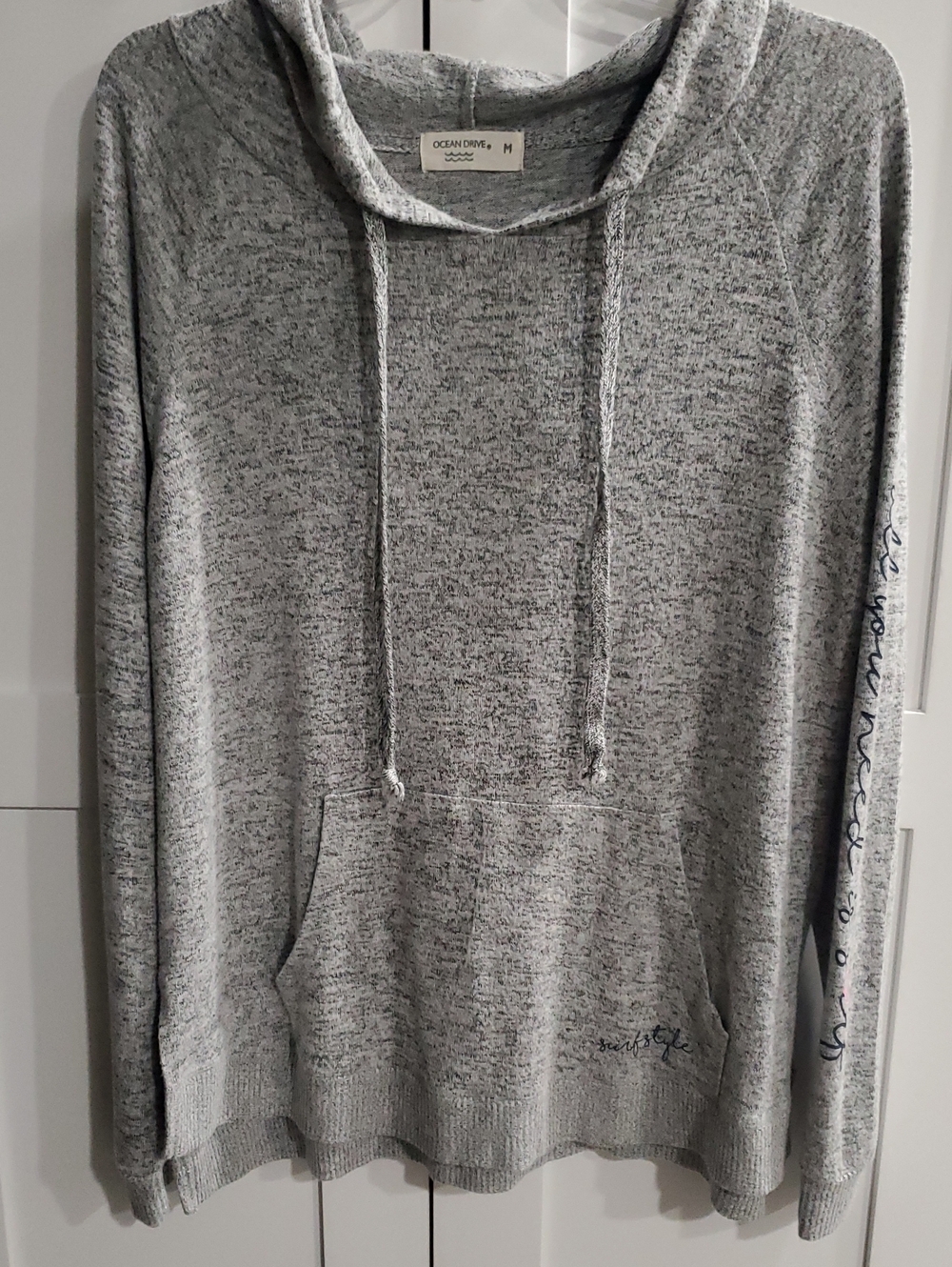 Ocean Drive Light Heather Gray Pullover Hoodie with Script Sleeve